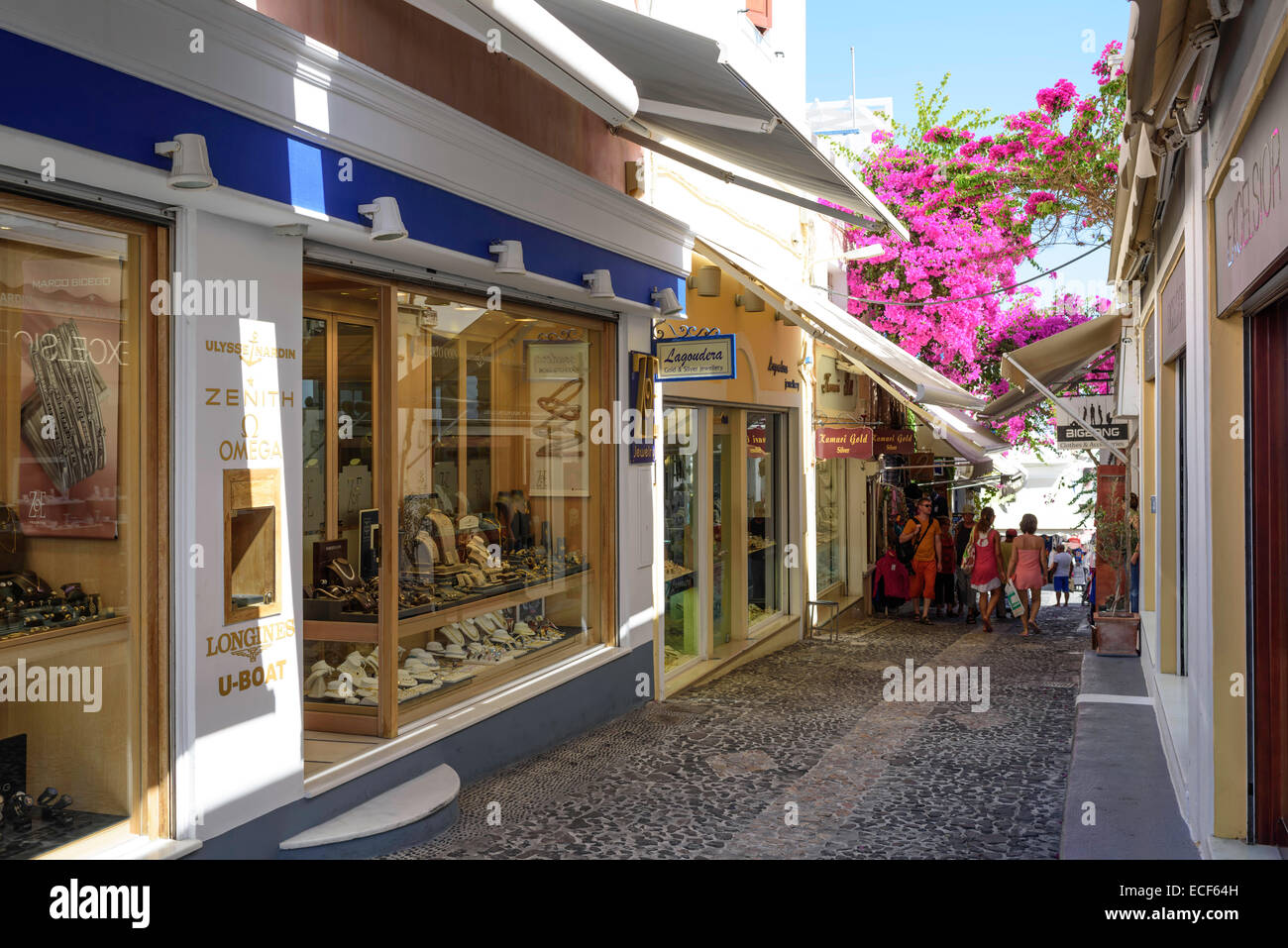 Jewelry shops in street Fira Santorini Greece Stock Photo, Royalty Free