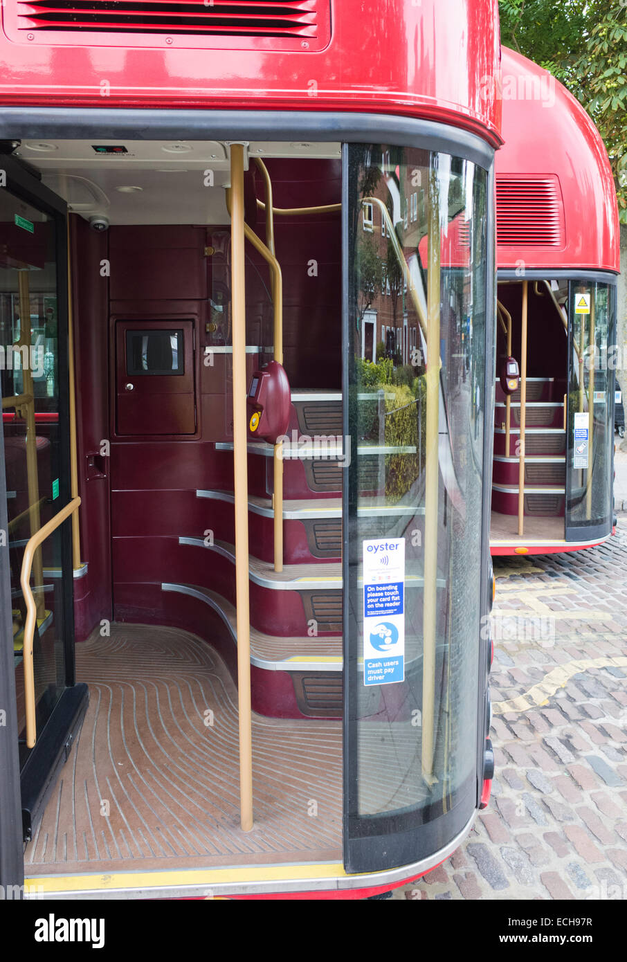 The entrance door to the new London Routemaster bus in London UK Stock