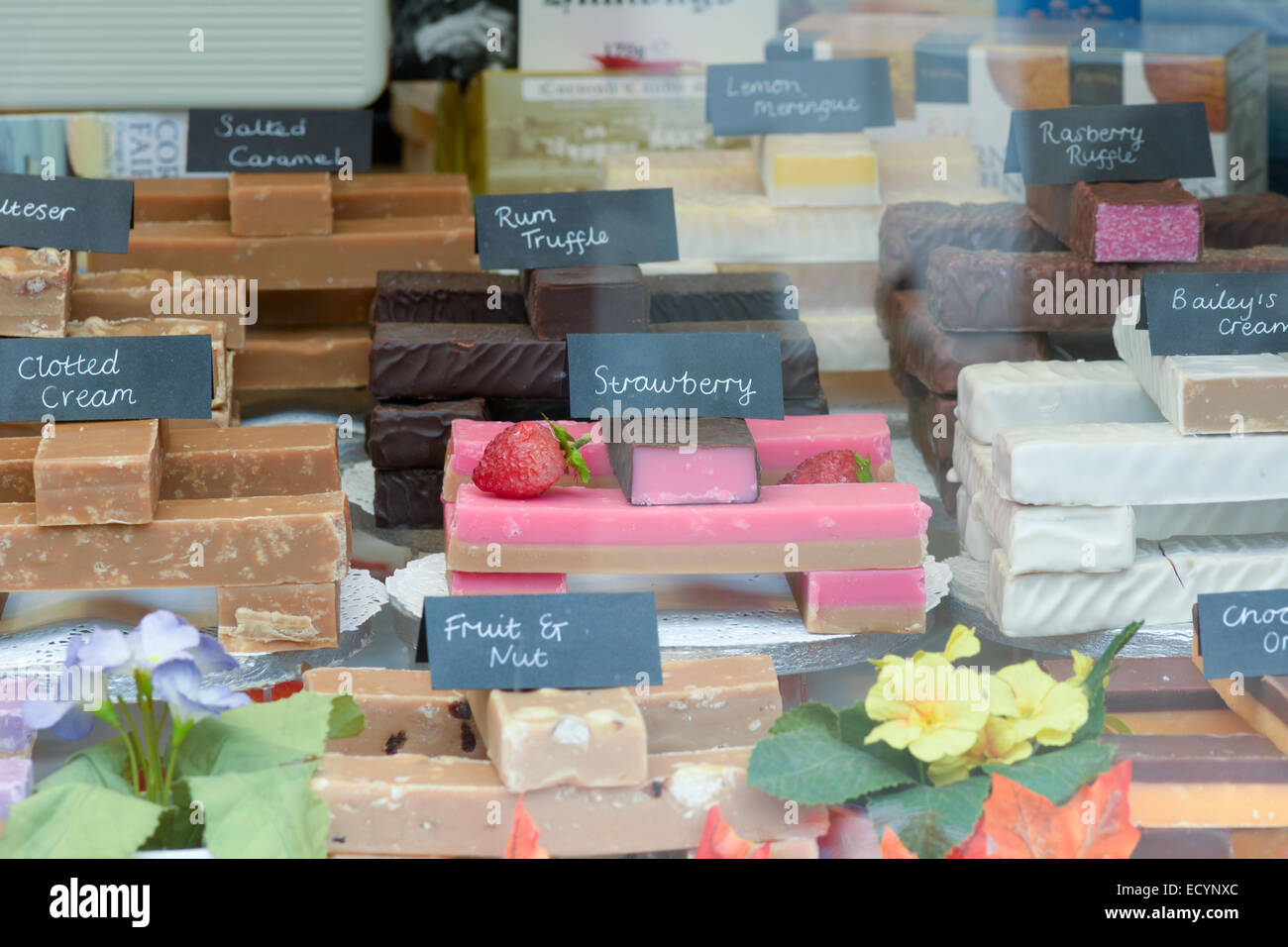 Fudge for sale in shop window display in St Ives, Cornwall Stock Photo