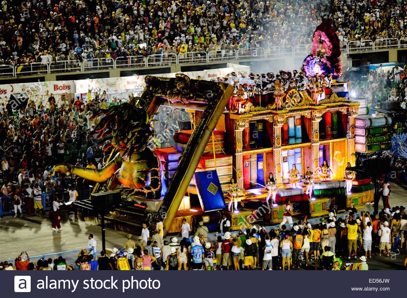 Rio Carnival floats and dancers parade through the Sambadromo in Rio