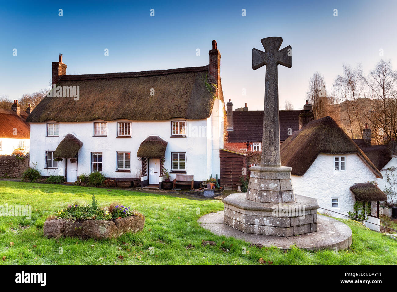 Thatched cottages at Lustleigh village in the Wrey Valley on Dartmoor