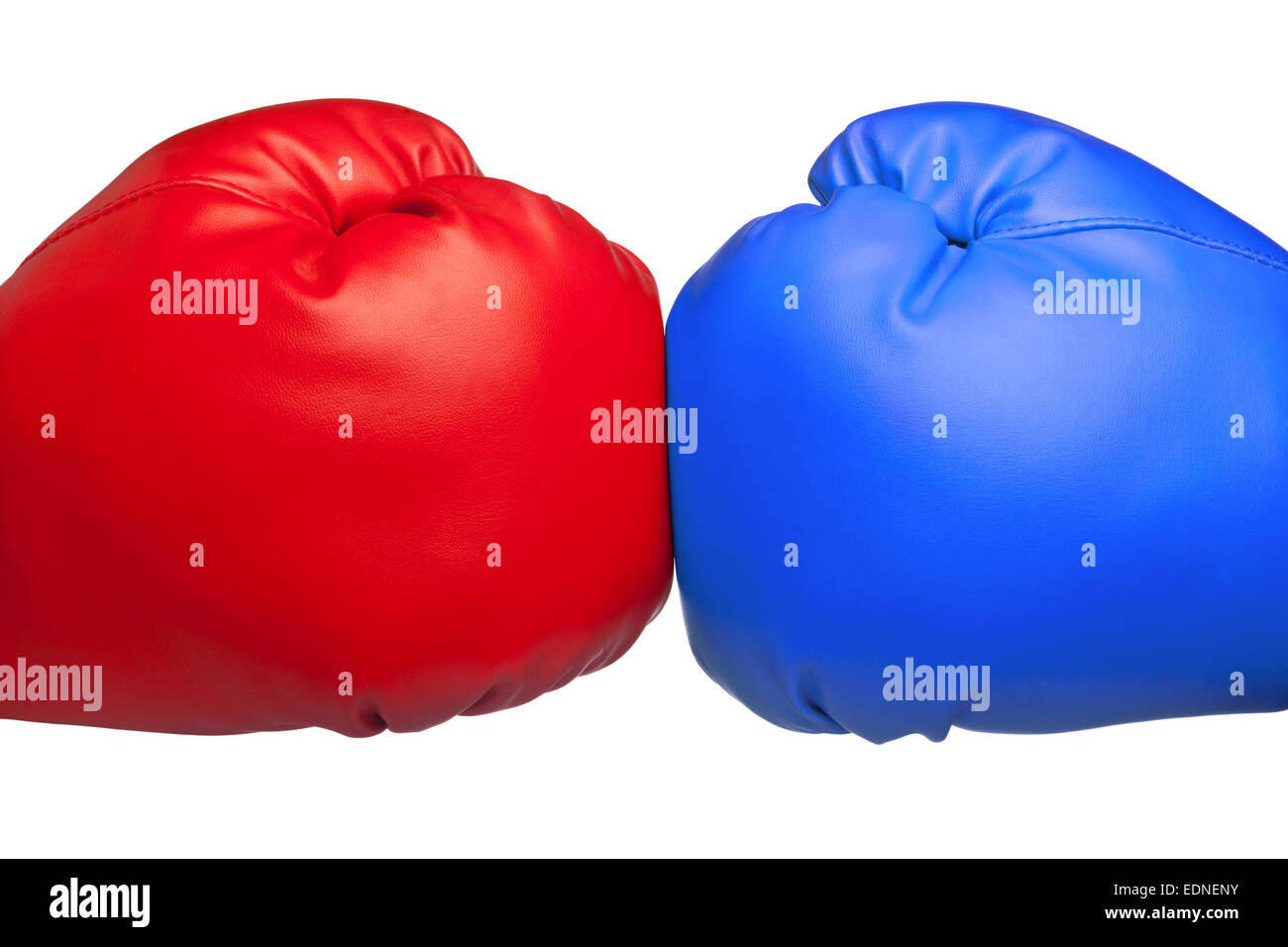 Close up of red and blue boxing gloves bumping isolated on white Stock