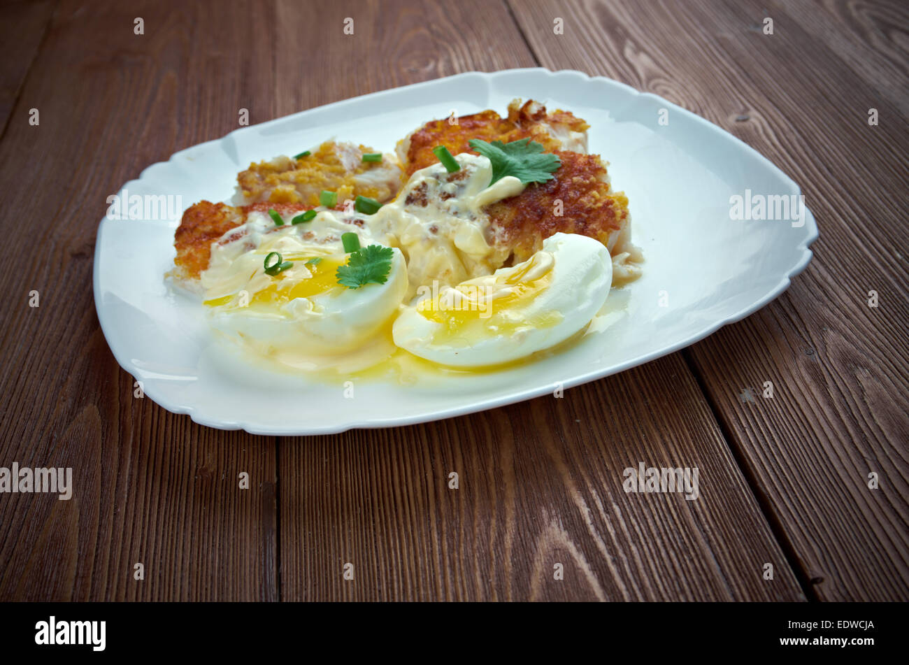 Finnan Haddie traditional Scottish breakfast. smoked haddock Stock Photo, Royalty Free Image