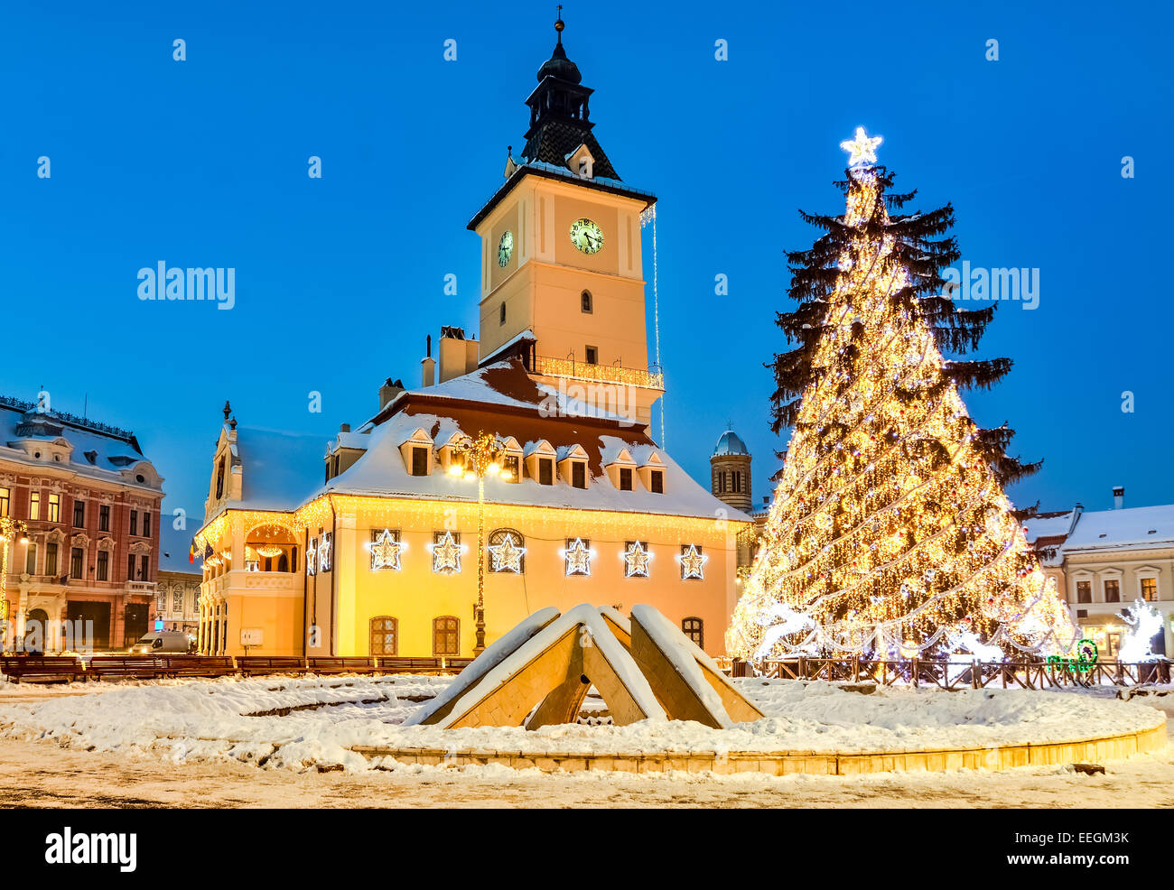Old city square of Brasov during winter holidays, Brasov Romania Stock