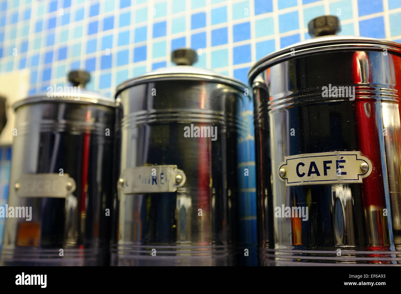 Stylish Metal Food Storage Tins On A Kitchen Counter Stock Photo Stock Photo Stylish Metal Food Storage Tins On A Kitchen Counter