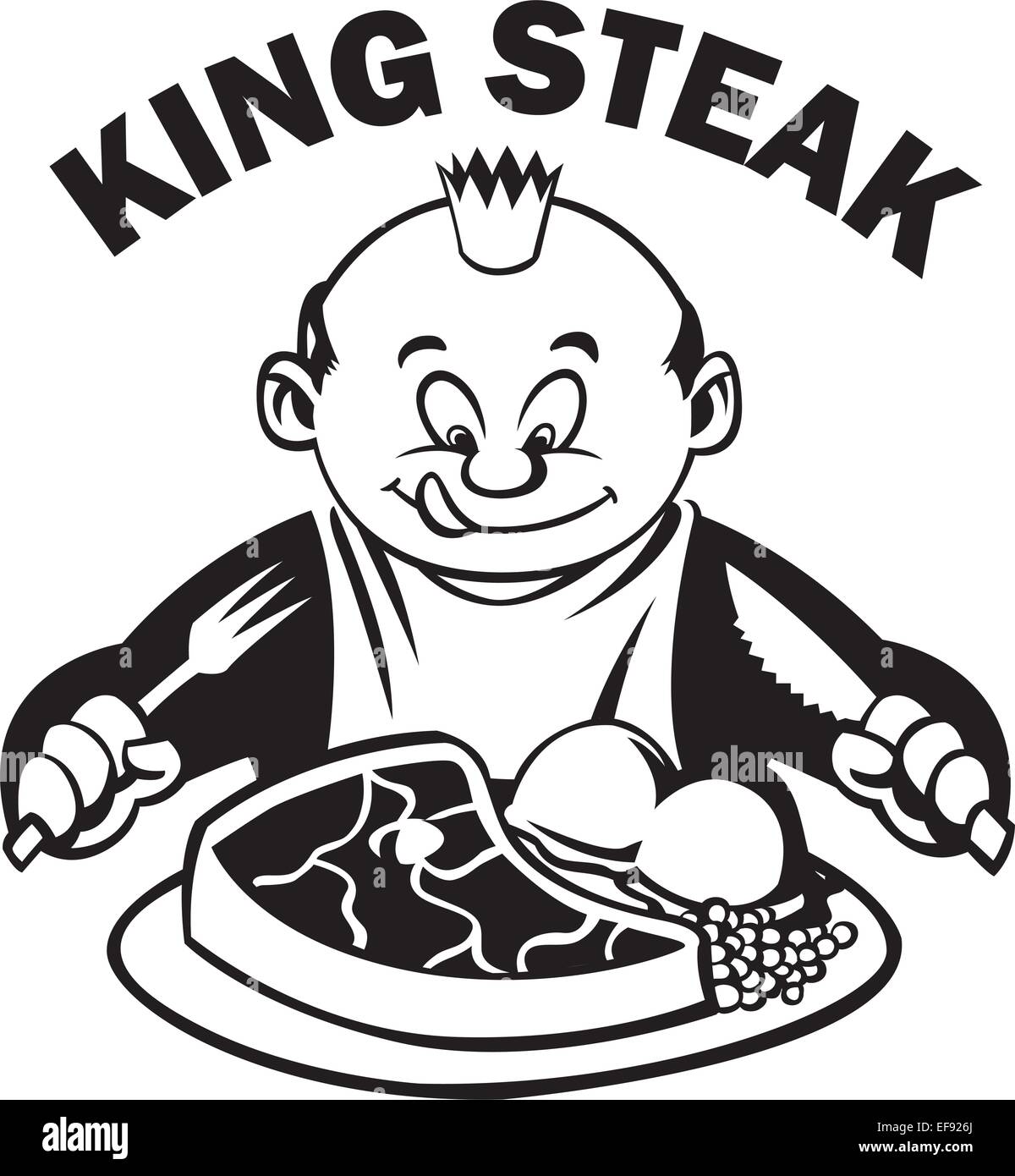 A man eating a steak with the words King Steak written above him Stock