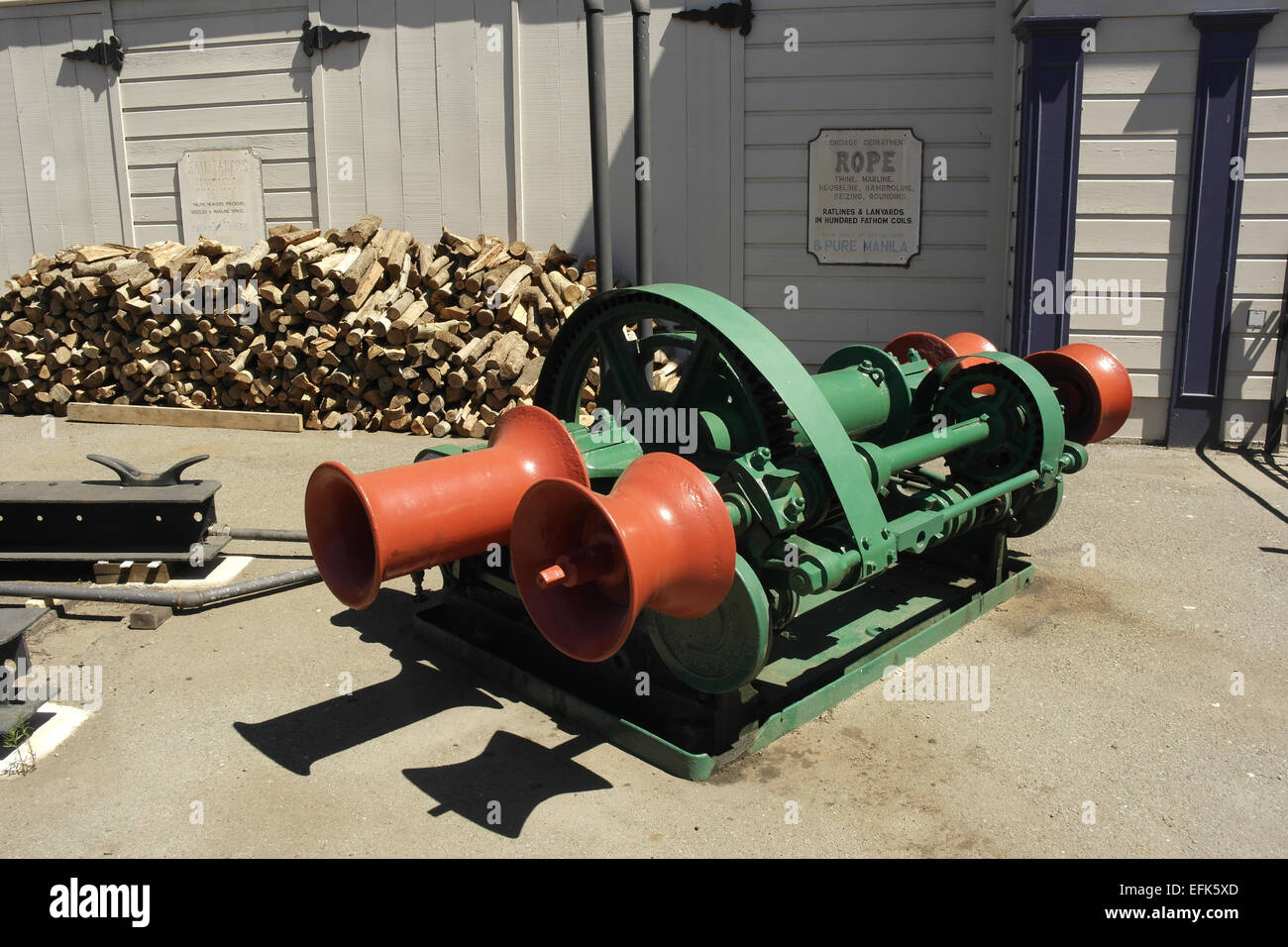 Green double friction drum steam donkey engine winch, Hyde Street Stock Photo, Royalty Free