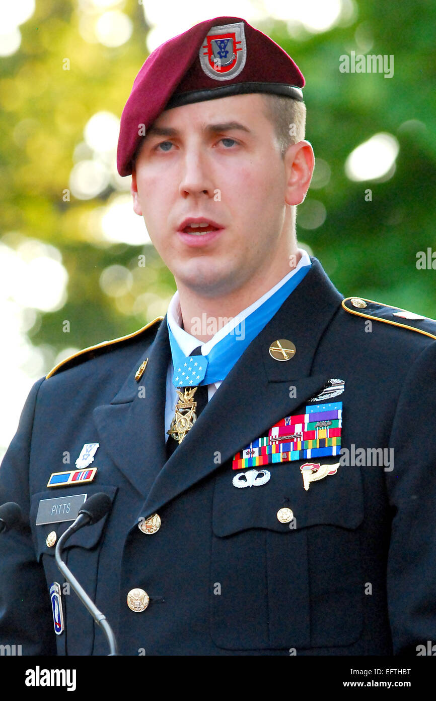 Medal of Honor recipient Staff Sgt. Ryan M. Pitts speaks at The Stock