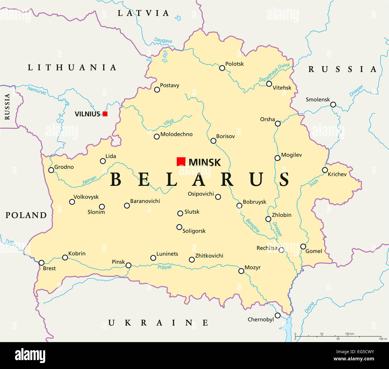 Belarus Political Map With Capital Minsk National Borders Important