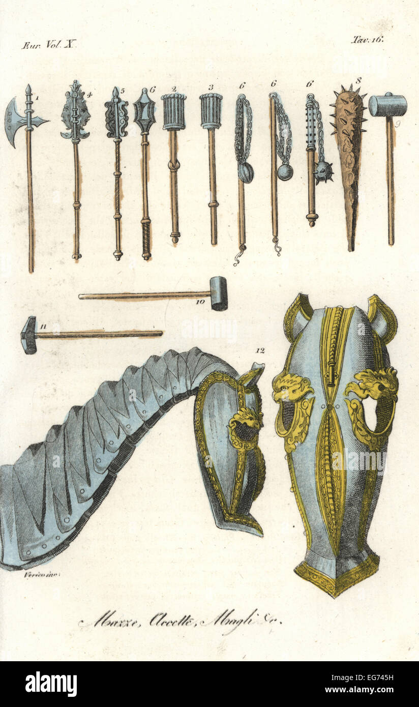 Medieval battle weapons and horse armour barding. Varieties of axe Stock Photo, Royalty Free