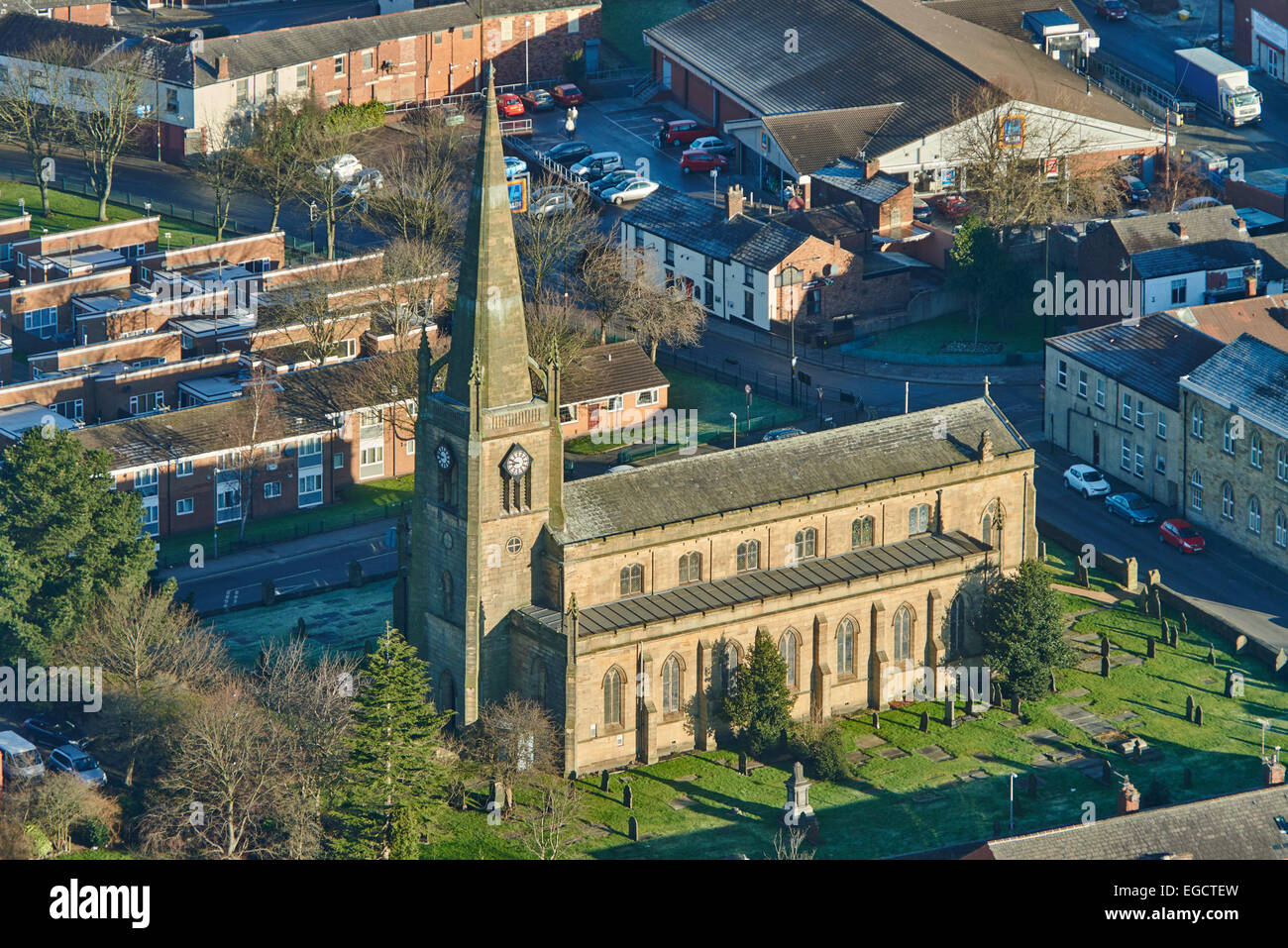 An aerial view of St Parish Church in Tyldesley, Greater Stock