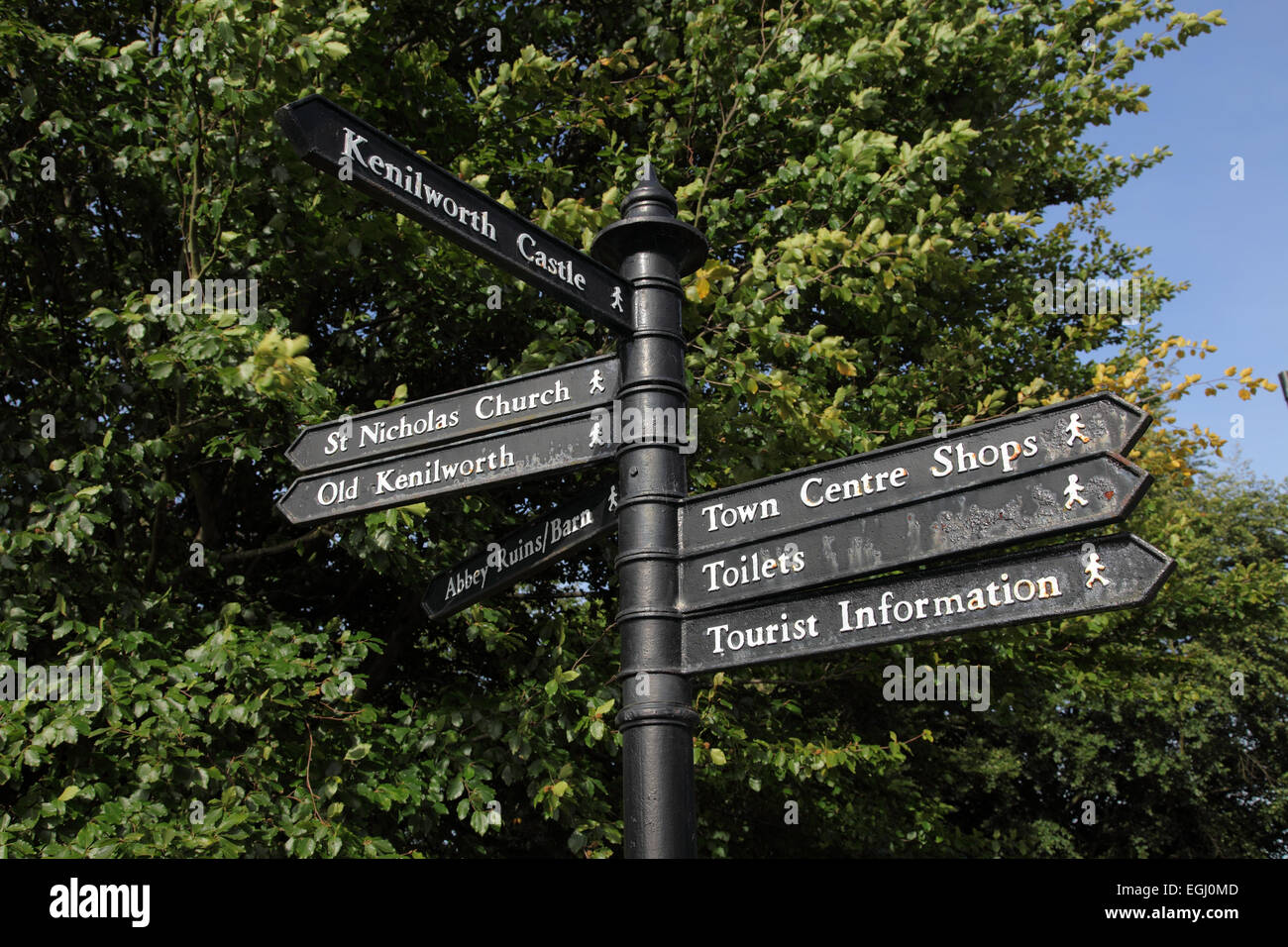 Signpost in Abbey Fields, a park at Kenilworth, Warwickshire, UK Stock