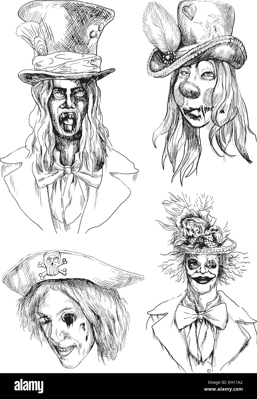 scary faces pack line art an hand drawn illustrations Stock Vector