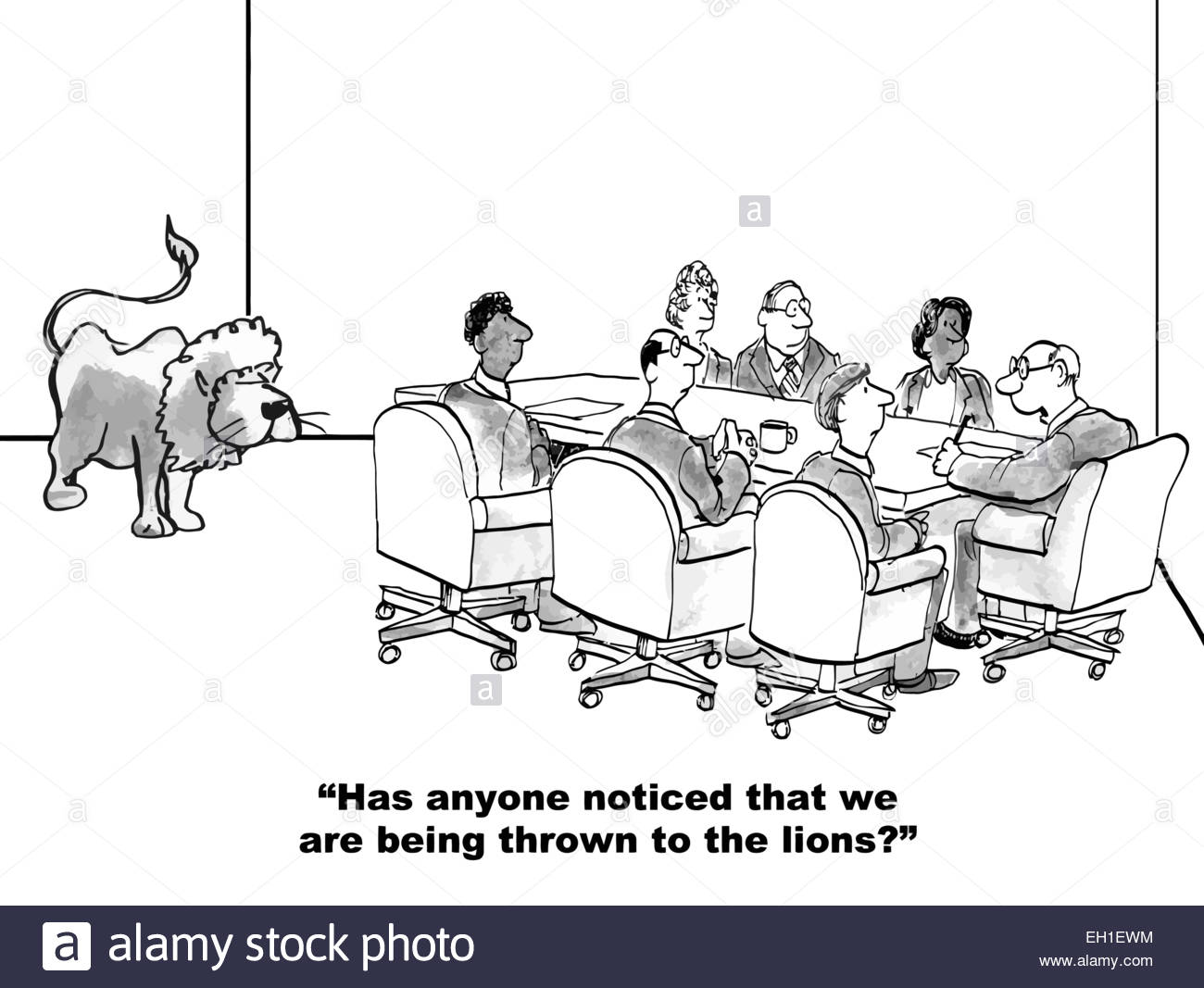 Cartoon of business meeting with lion in the room, leader asks, has