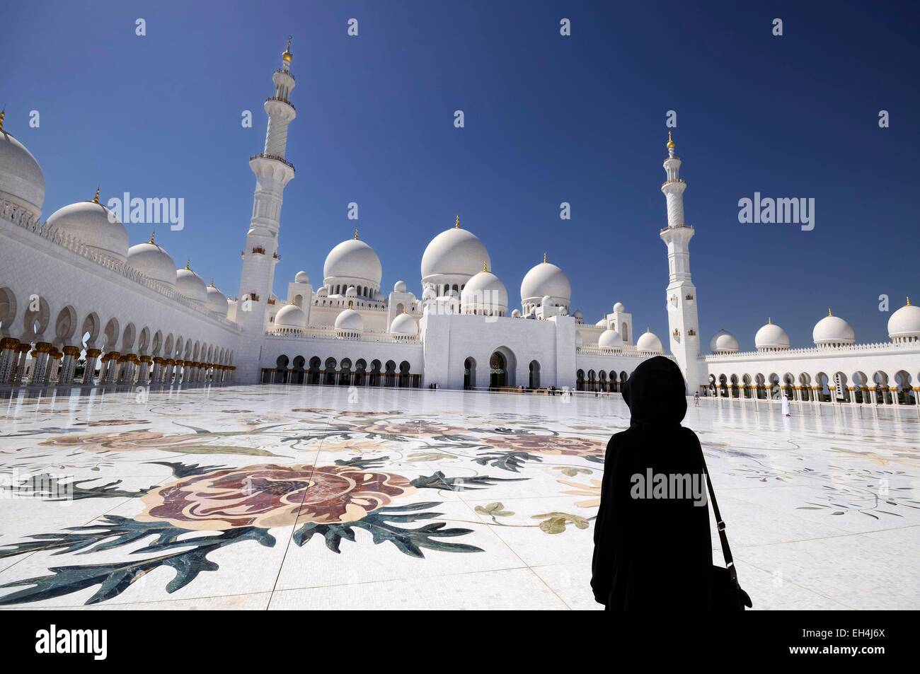 United Arab Emirates, Abu Dhabi, Sheikh Zayed Grand Mosque, woman Stock Photo, Royalty Free