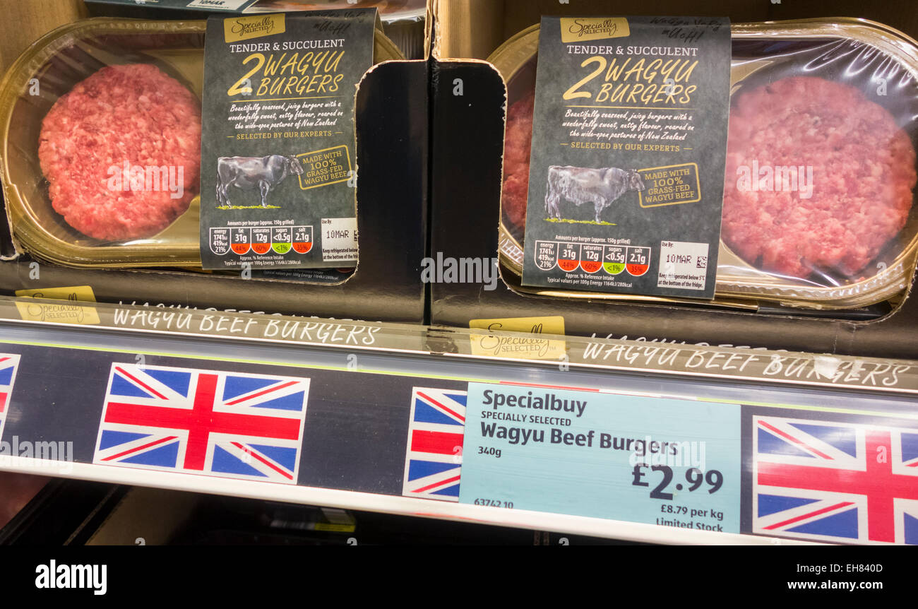 Wagyu Beef Burgers in Aldi supermarket. England. UK Stock Photo