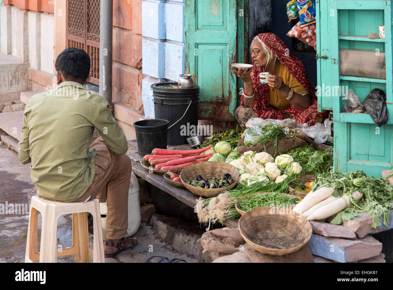 Vegetable Shop in Street of Old Town of Jodhpur, Rajasthan, India Stock Photo, Royalty Free