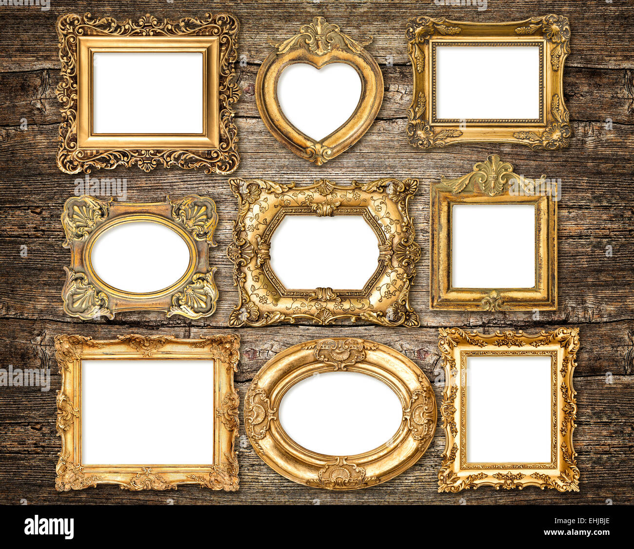 Baroque Style Golden Frames Over Rustic Wooden Background Antique Baroque Style Golden Frames Over Rustic Wooden Background Antique