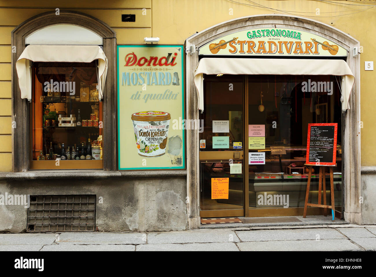 The facade of the Gastronomia Stradivari store in Cremona, Italy. The