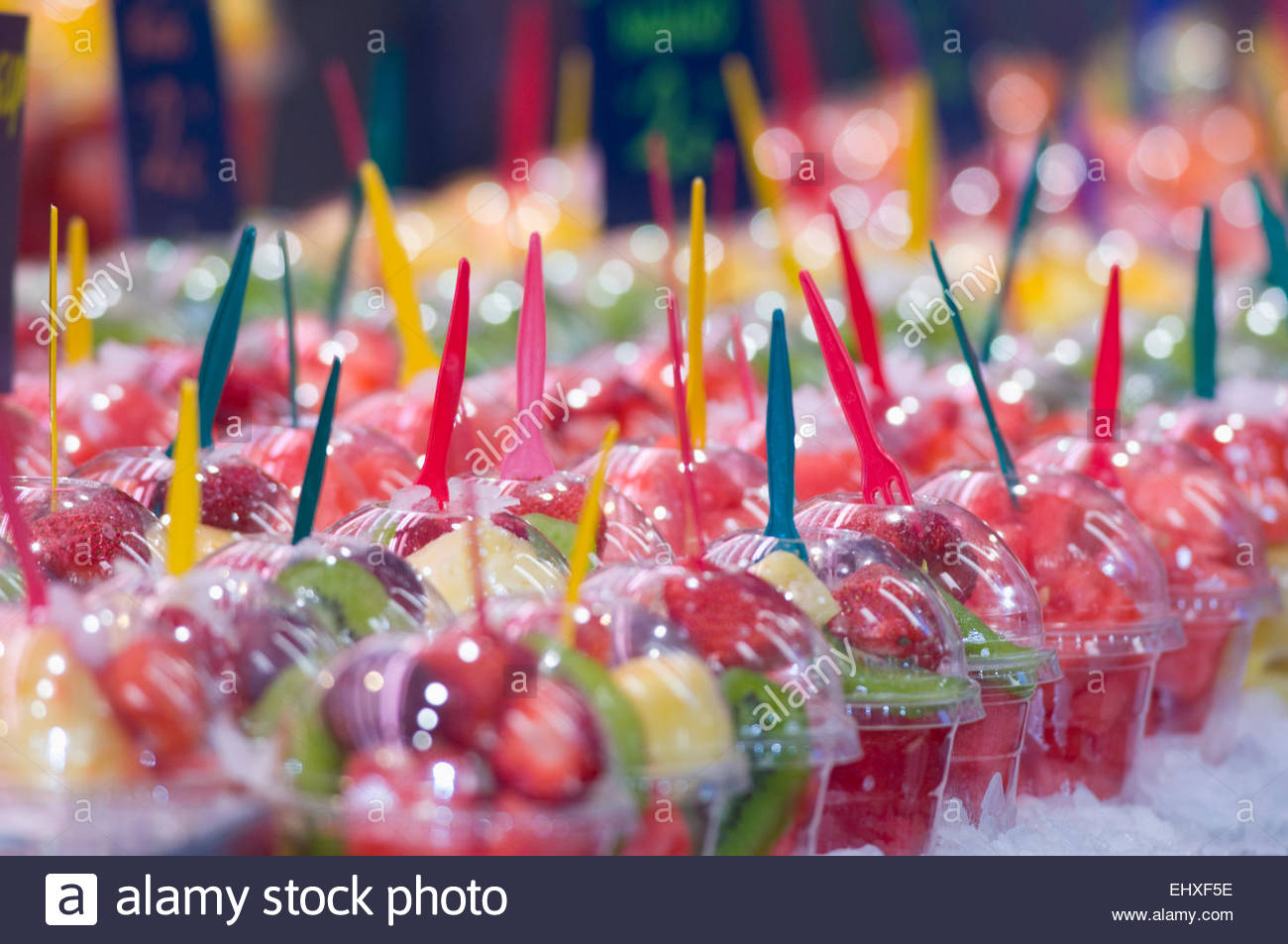 Fresh fruit cups Sant Josep Mercat market stall Stock Photo, Royalty