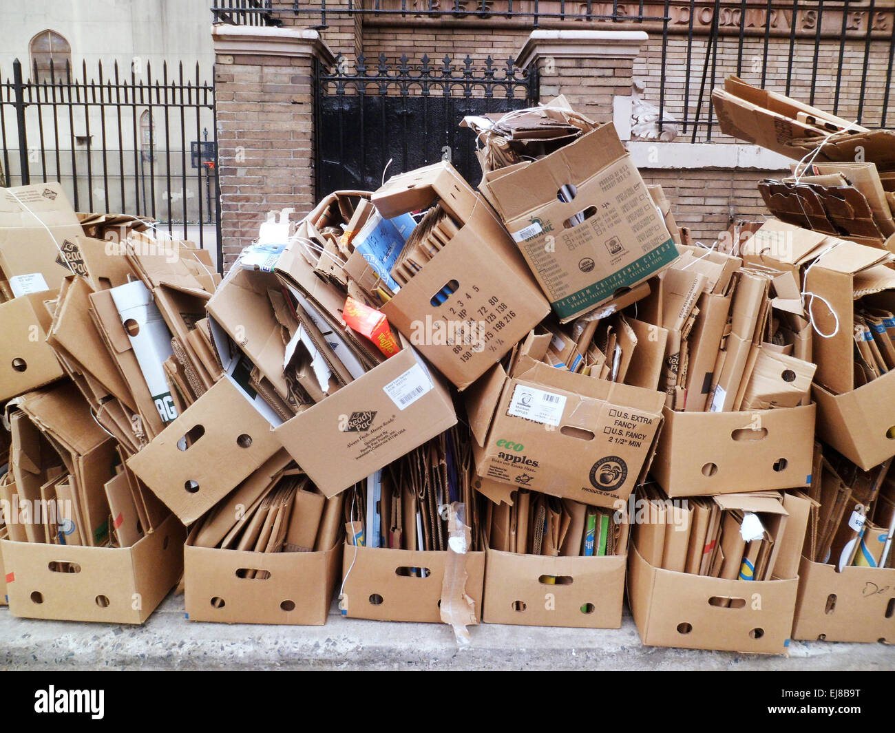 Cardboard trash bundled for pick up and recycling in New York on Stock