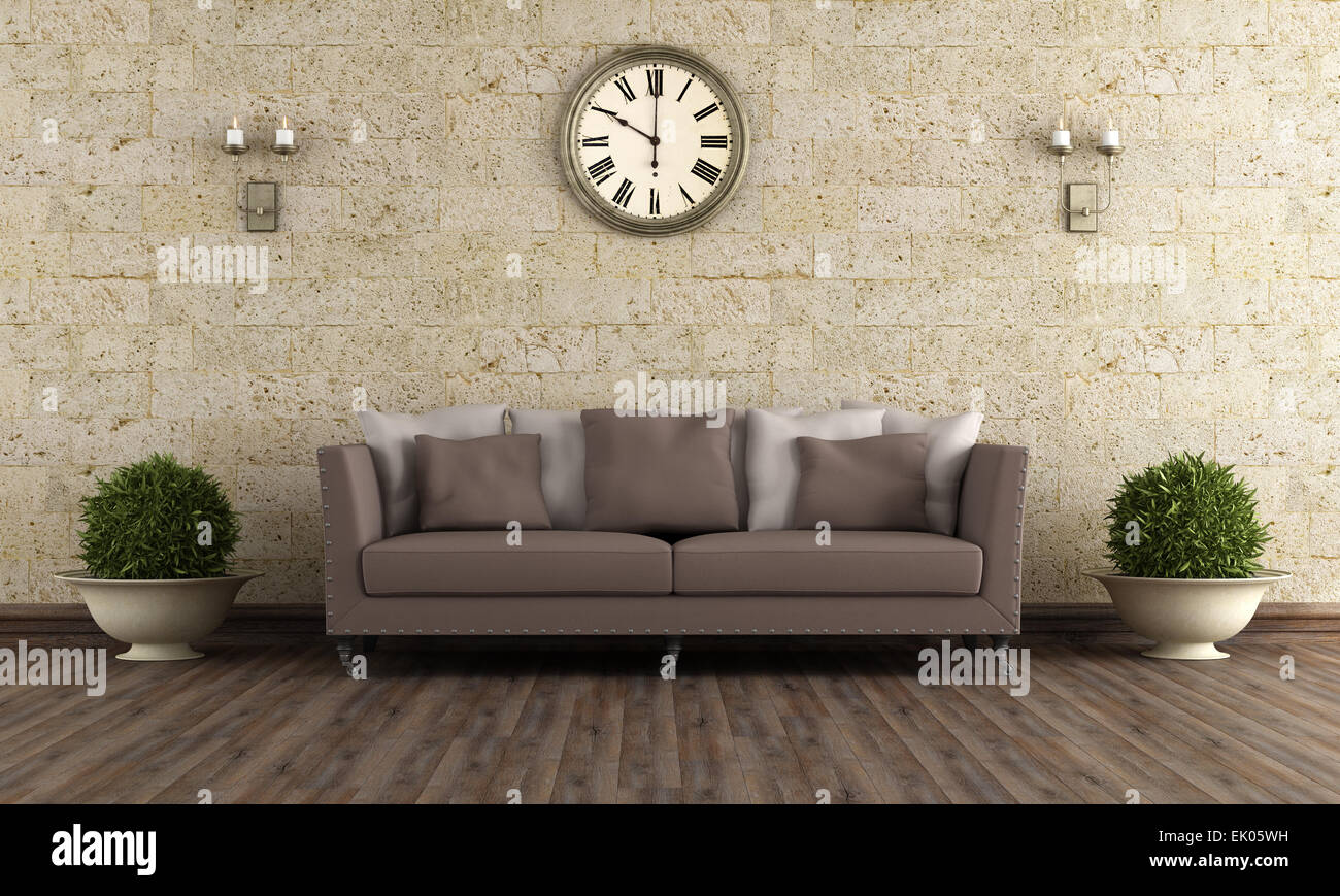 Classic Living Room With Brown Sofa Against Stone Wall 3D