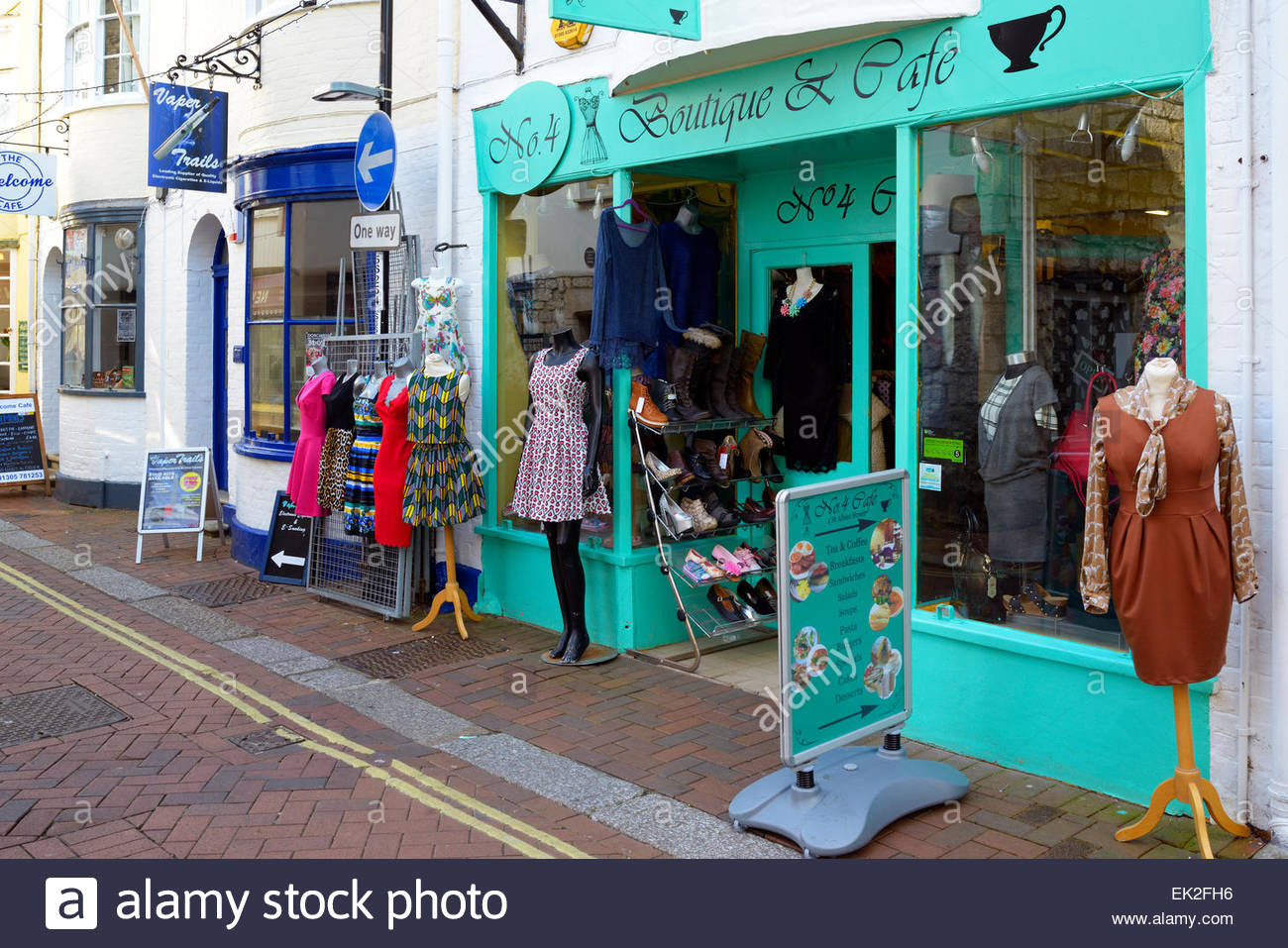 Shops in St. Alban Street, Weymouth, Dorset, England UK Stock Photo, Royalty Free Image