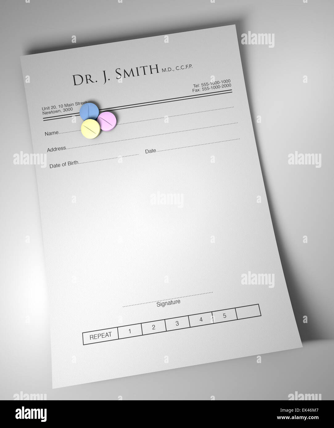 A blank generic doctors prescription note with three regular pills on