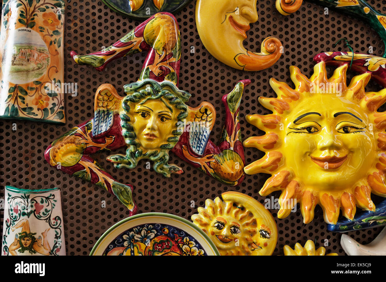 Italy, Sicily, Taormina, sicilian ceramic gadgets for sale in a local