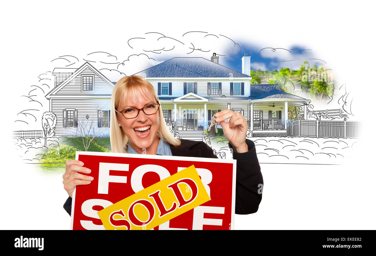 Excited Woman Holding House Keys Sold Real Estate Sign Over Photo And Drawing On White Excited Woman Holding House Keys Sold Real Estate Sign Over Photo And Drawing On White