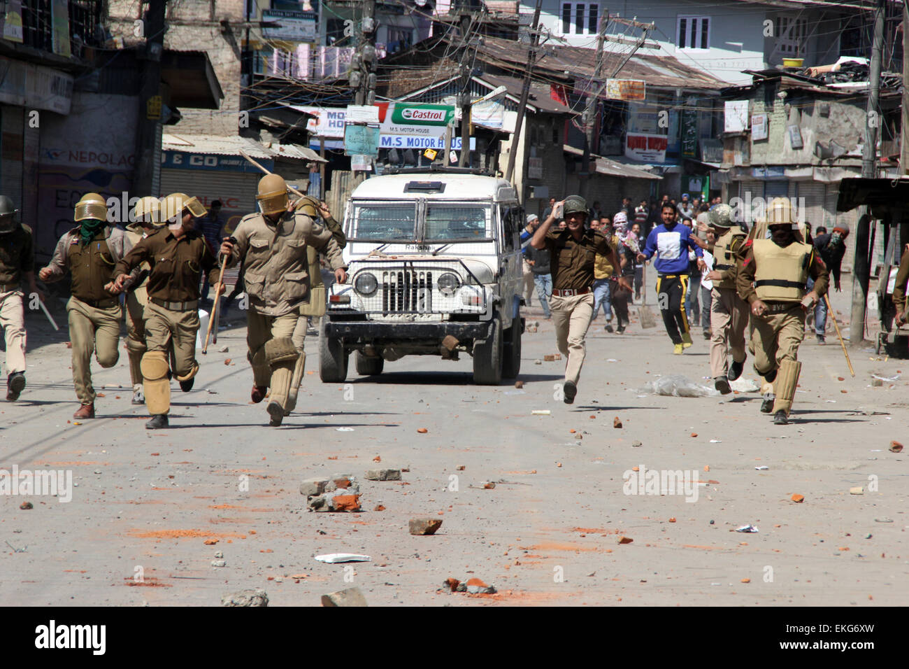 Srinagar Kashmir Th April Kashmiri Muslim Protester Throws A