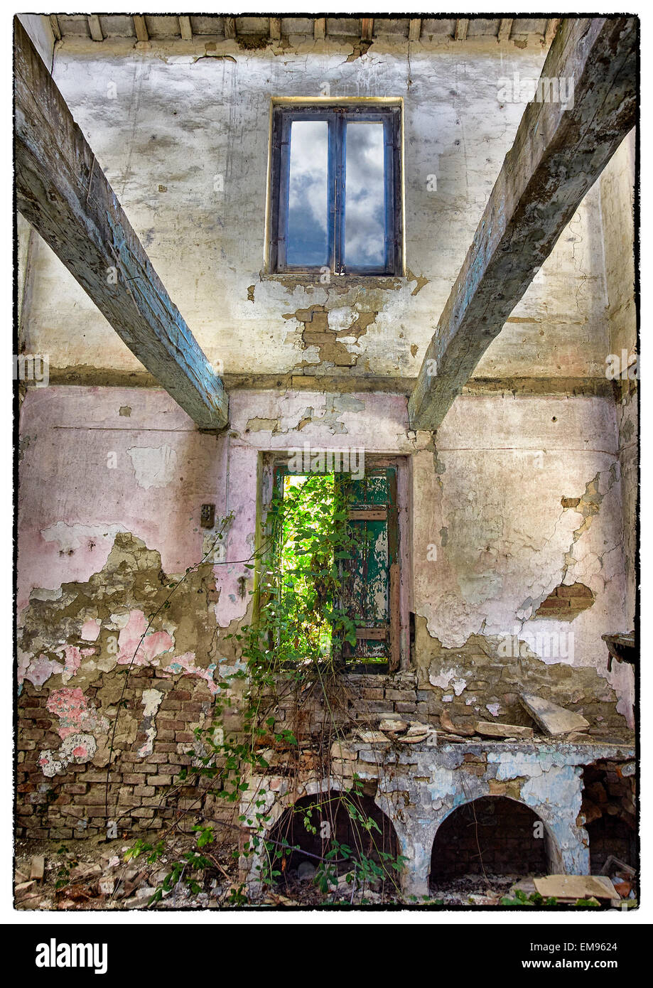Interior Of Abandoned Farmhouse In Italy Exposed Beams Rubble Doorways Plastered Walls Crumbling Nature Regaining A Foothold Interior Of Abandoned Farmhouse In Italy Exposed Beams Rubble Doorways Plastered Walls Crumbling Nature Regaining A Foothold