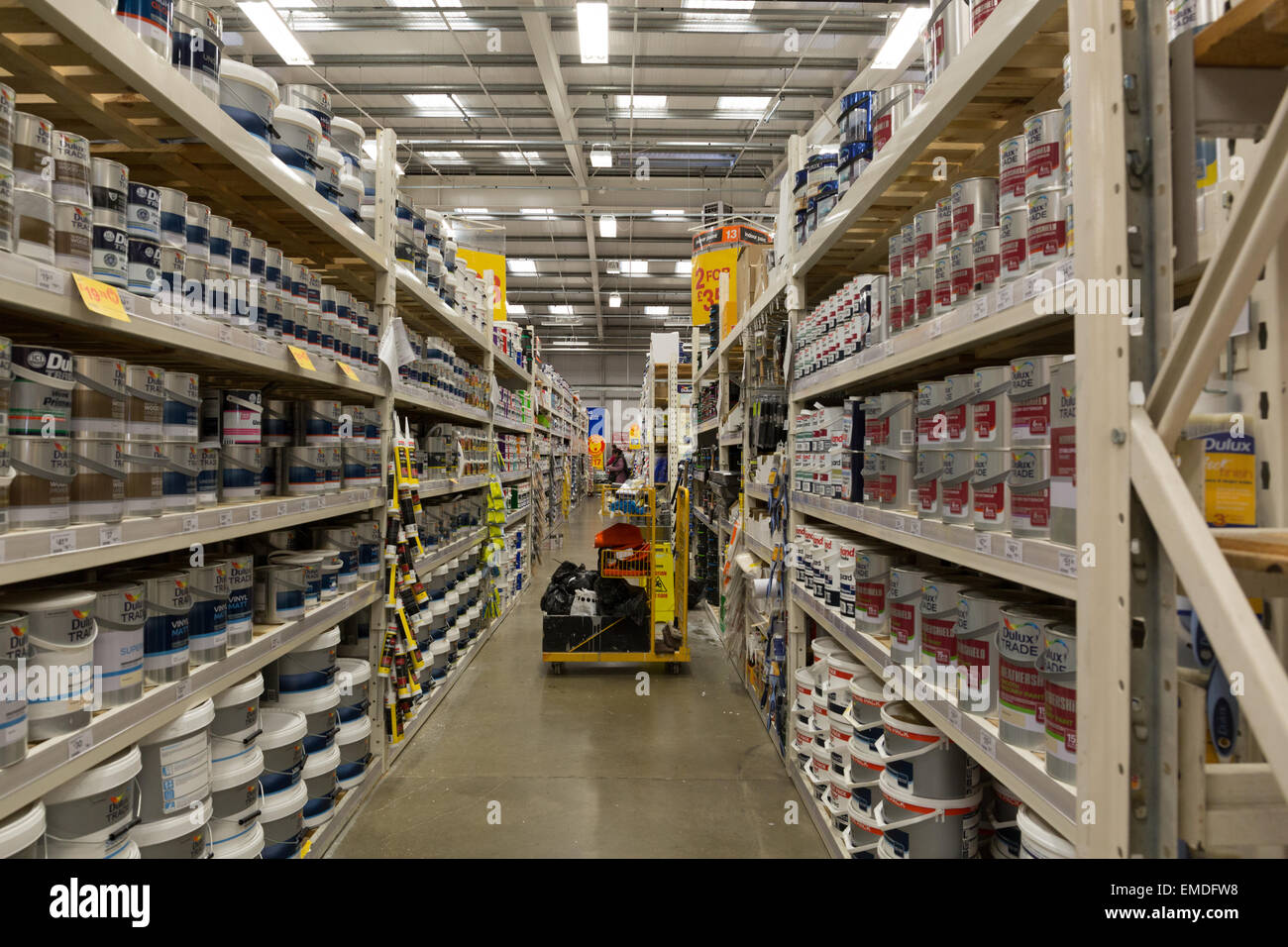 Paint aisle at a B&Q warehouse in Beckton London E6 Stock Photo, Royalty Free Image 81432436