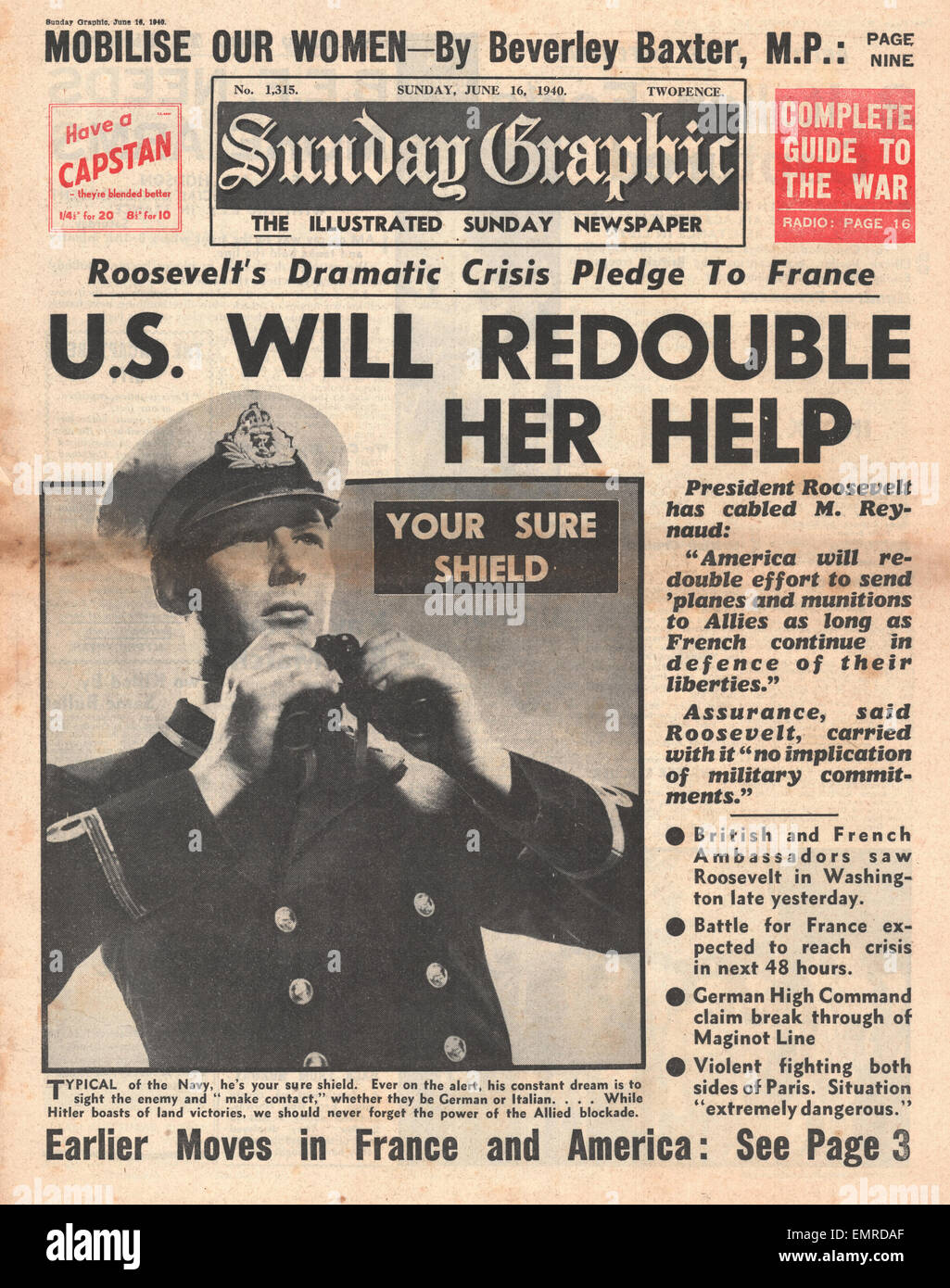 1940 front page Sunday Graphic President Roosevelt pledges to send