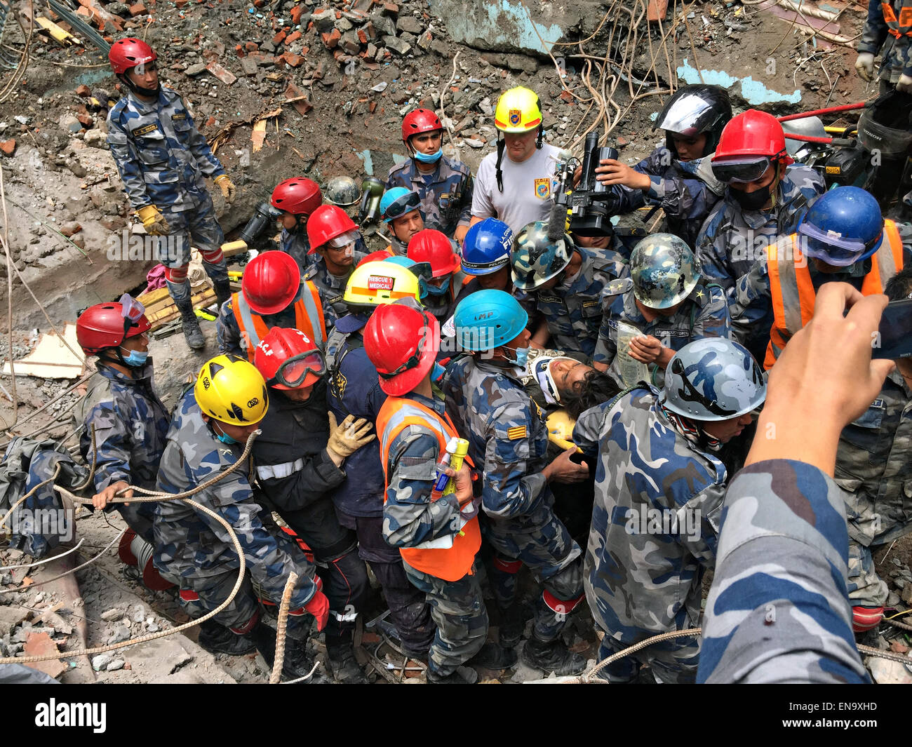 A USAID search and rescue team member from the Fairfax County Fire
