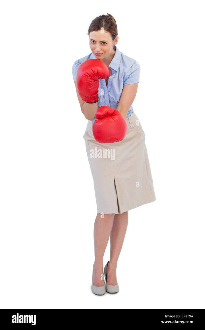 Attractive Businesswoman Posing With Red Boxing Gloves Stock Photo Alamy