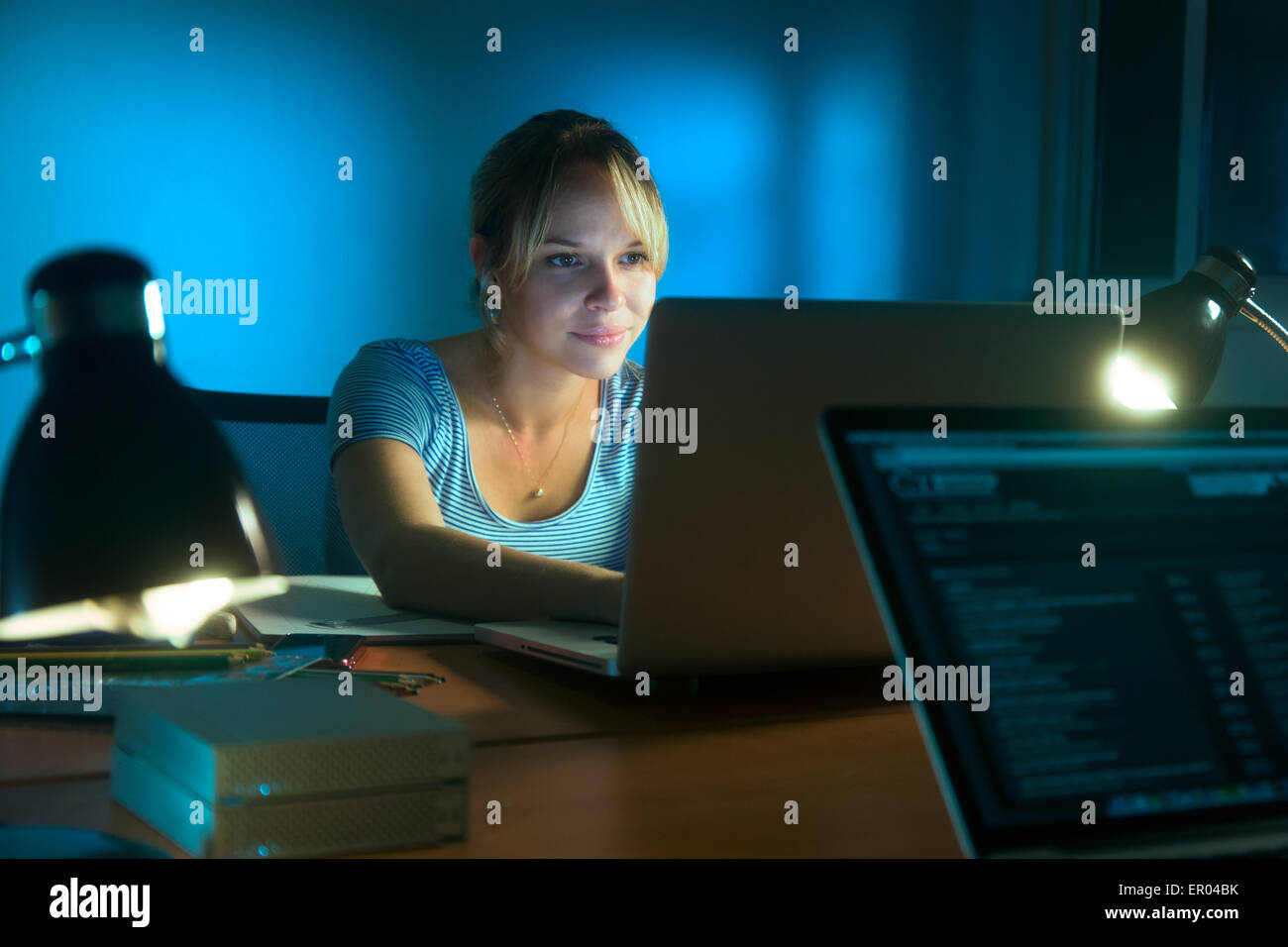 beautiful-woman-working-late-at-night-in