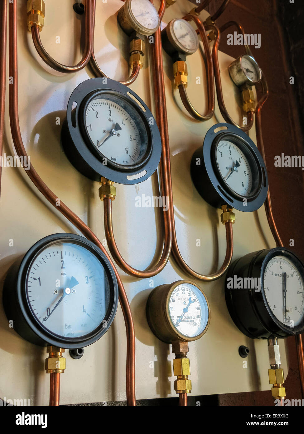 Vintage control panel of temperature Gauges Stock Photo, Royalty Free