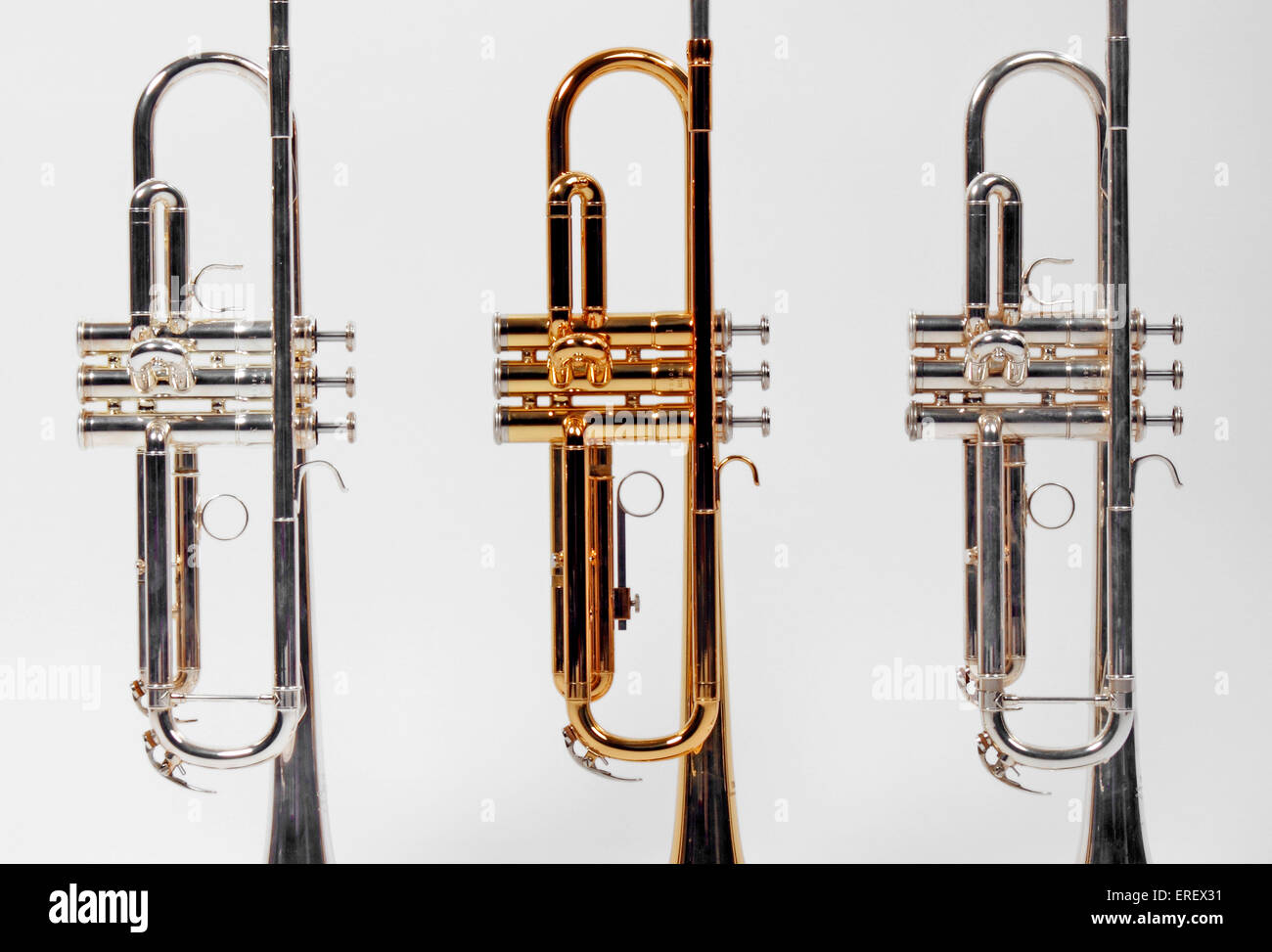 Three trumpets generic, close up detail Stock Photo, Royalty Free
