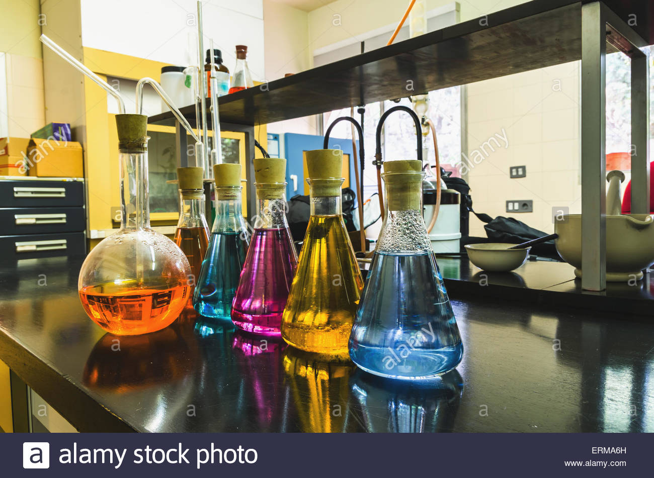 Some flasks in the chemical laboratory. Investigation and experiment