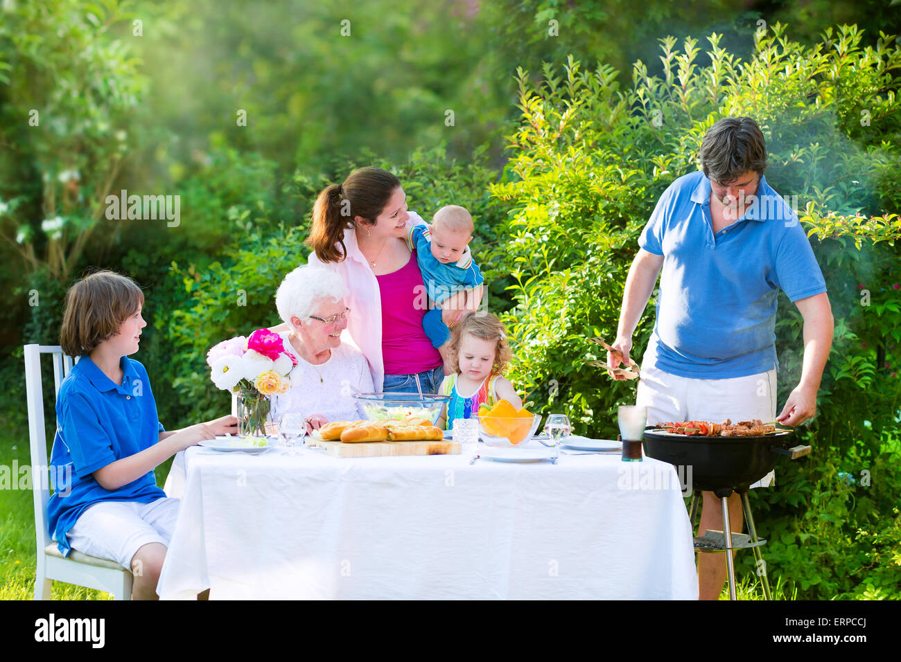Grill Barbecue Backyard Party Happy Big Family Enjoying BBQ Lunch