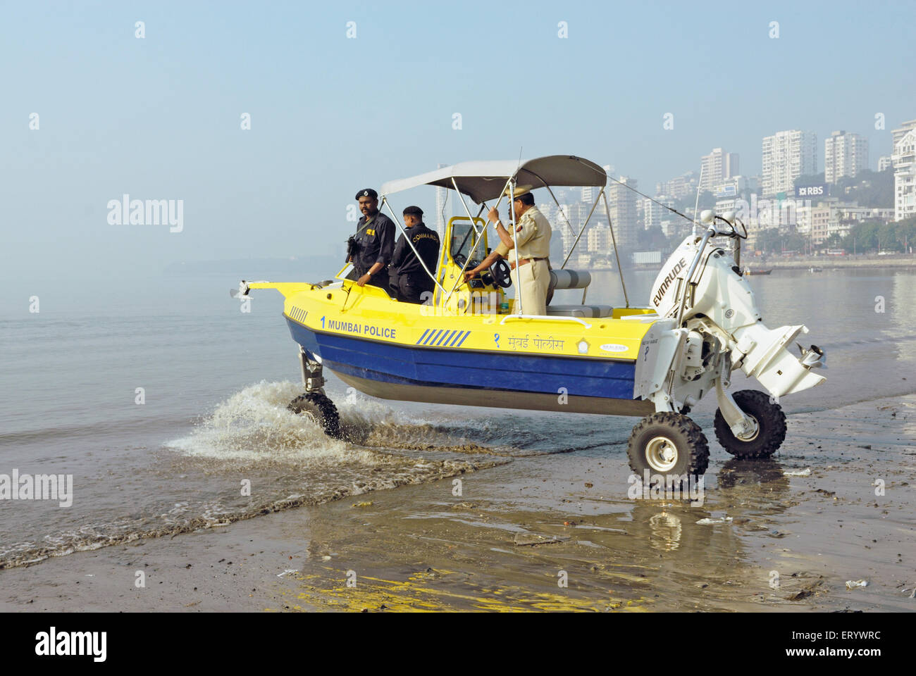 Mumbai police commandos in amphibious vehicles at ; Marine Drive Stock