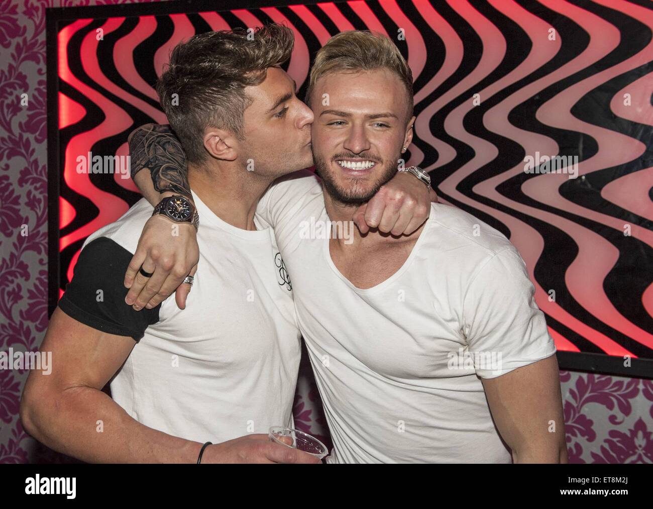 Geordie Shore cast members Kyle Christie and Scott Timlin meet and Stock Photo, Royalty Free