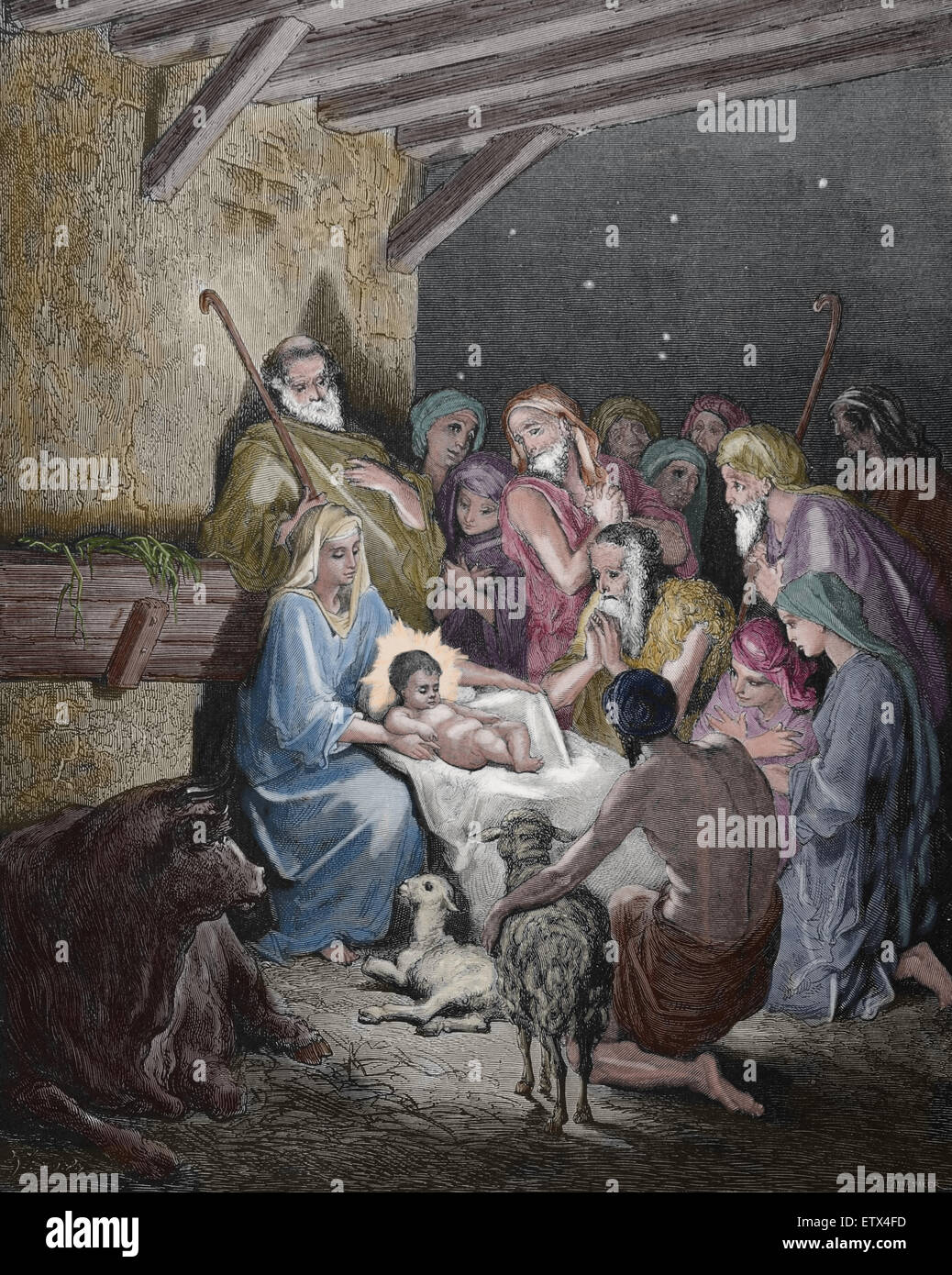 The Nativity. Luke 216. Engraving by Gustave Dore. 19th century Stock
