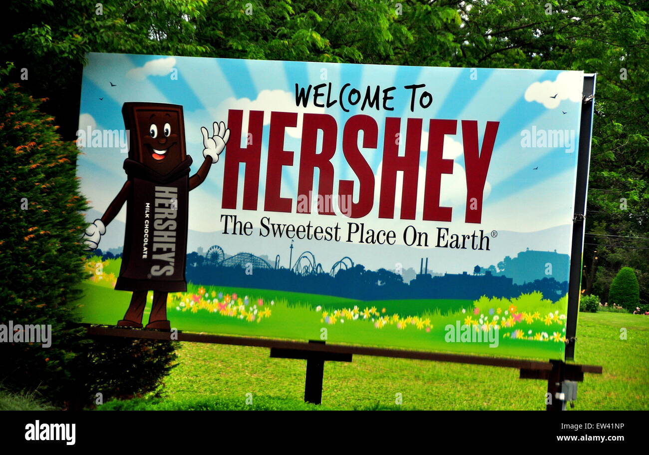 Hershey, Pennshlvania Roadside sign visitors to Hershey Stock