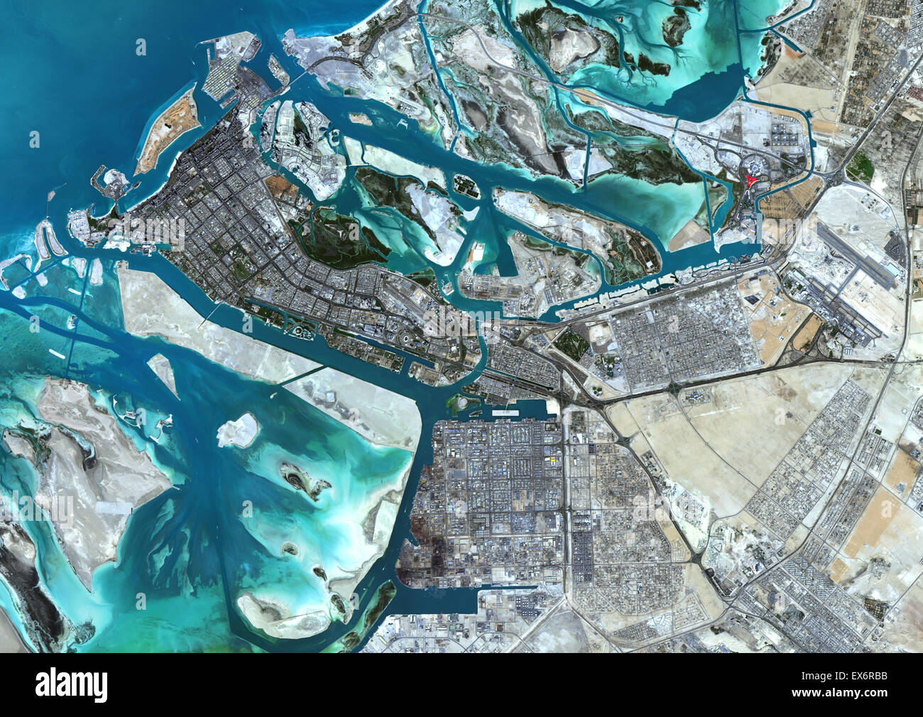 Colour satellite image of Abu Dhabi, United Arab Emirates. Image Stock Photo, Royalty Free Image