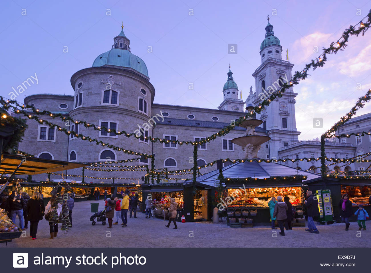austria salzburg people shopping at illuminated piazza dome christmas lights