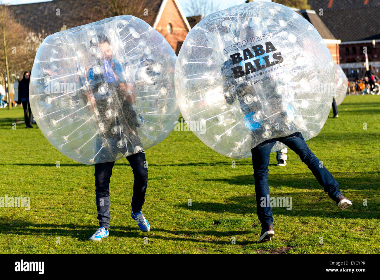 Bubble soccer or Zorb football where 14 players in giant plastic Stock