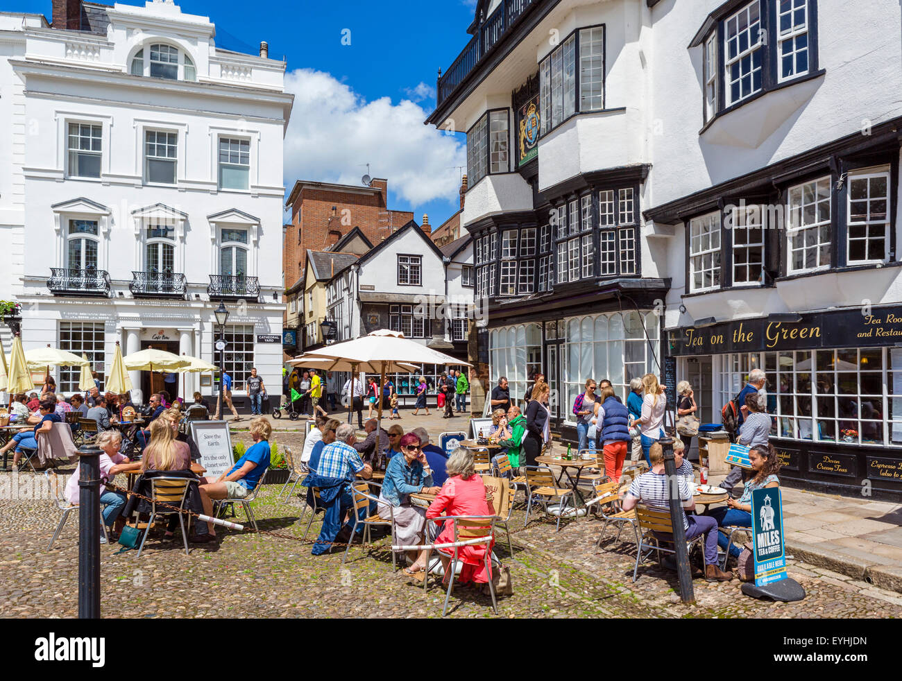 Bars and cafes on Cathedral Yard in the city centre, Exeter, Devon