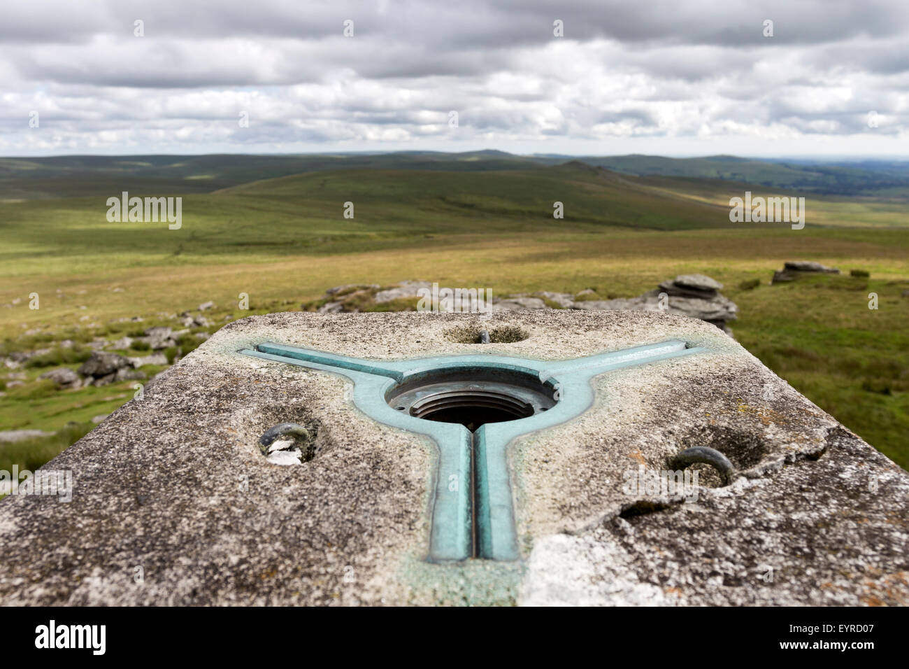 Trig Point on Great Links Tor, Dartmoor, Devon UK Stock Photo, Royalty